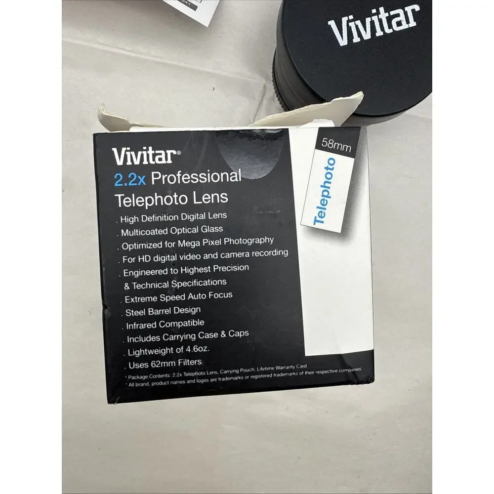 Vivitar 2.2x Professional Telephoto Lens 58mm HD4 Optics VIV-58T Unused *READ...